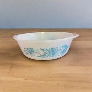 VTG Glasbake Divided Bowl Casserole ￼Dish 1960's Blue Thistle Flower Milkglass